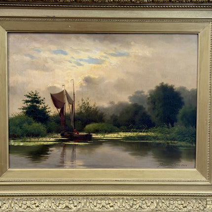 1888 Antique Seascape Oil Painting "Sailing Boat" Large Artwork Holland Art Shop