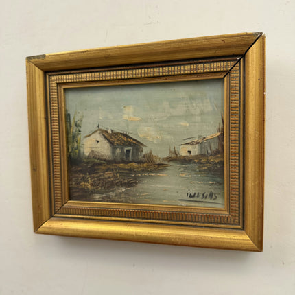Rustic Farm Oil Painting "Thatched Cottage" Vintage Small Artwork Holland Art Shop