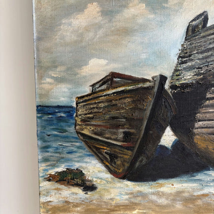 Detailed Seascape Oil Painting "Abandoned Boat" Handcrafted Large Art Holland Art Shop