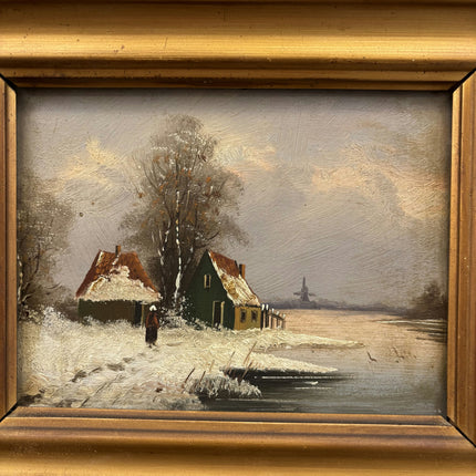 Original Winter Landscape Oil Painting "Snowy Cottages" Rustic Small Artwork Holland Art Shop