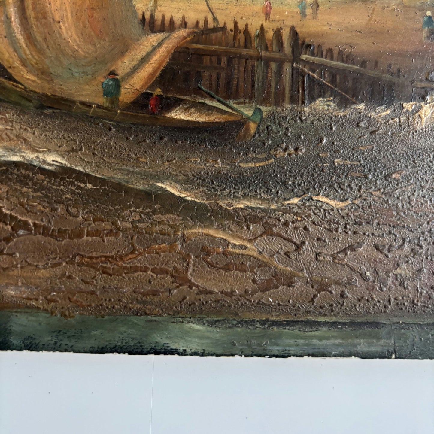 19th Century Oil on Tile Tranquil Harbor Boat And Village Antique