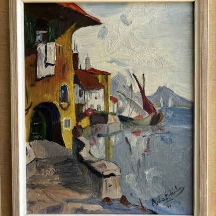 Refined Harbor Scene Oil Painting "Yellow House" Handcrafted Small Art Holland Art Shop