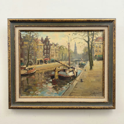 Elegant Cityscape Oil Painting "Canal Boats" Traditional Artwork Holland Art Shop