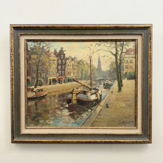 Elegant Cityscape Oil Painting "Canal Boats" Traditional Artwork Holland Art Shop
