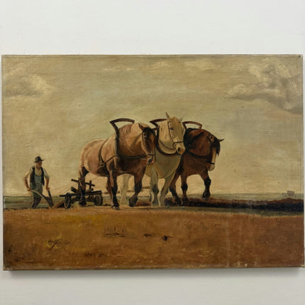 Handcrafted Animals Oil Painting "Plough Horses" Vintage Art Holland Art Shop