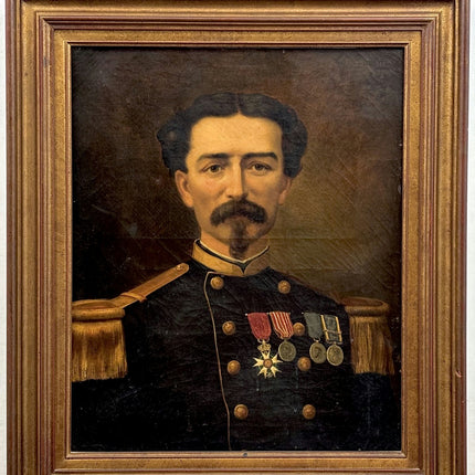 1869 Antique Portrait Oil Painting "Uniformed Officer" French Artwork Holland Art Shop