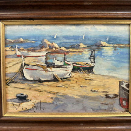 Authentic Harbor Scene Oil Painting "Striped Boats" Classic Small Art Holland Art Shop