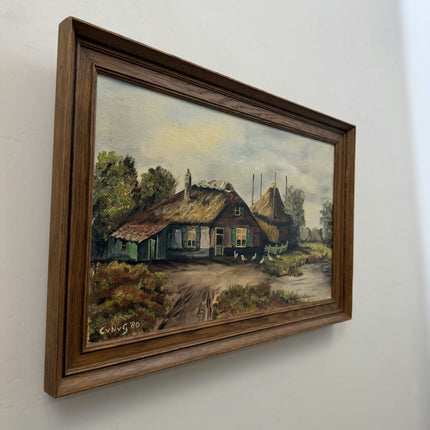 Vintage Farm Oil Painting "Thatched Cottage" Rustic Art Holland Art Shop