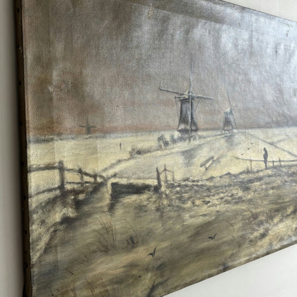 Vintage Landscape Oil Painting "Windmill Pair" Original Dutch Artwork Holland Art Shop
