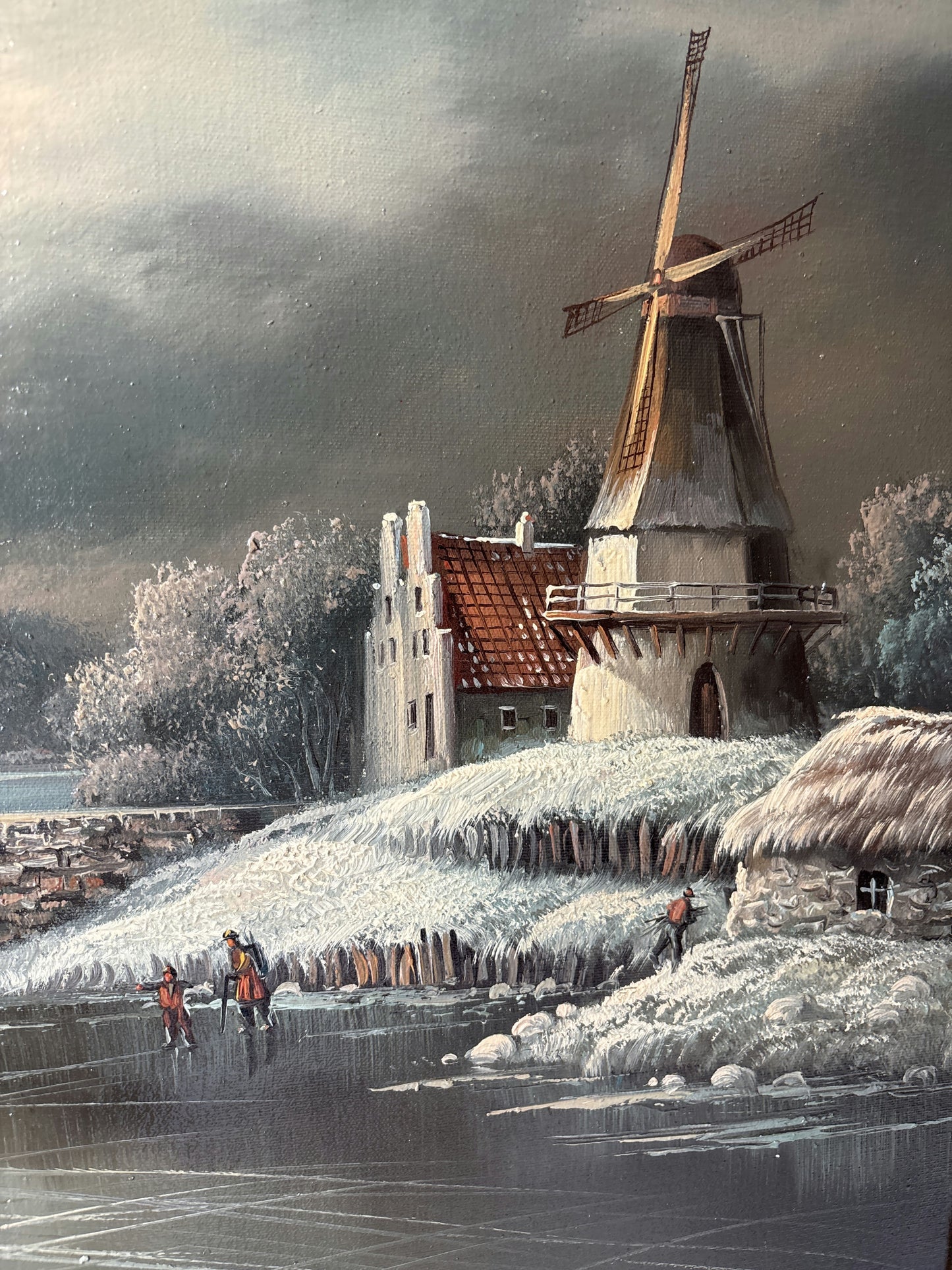 20th Century Vintage Winter Windmill Stone Bridge River Skaters Oil Painting