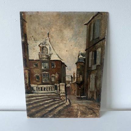 19th Century Antique Cityscape Oil Painting "Snowy House" Small Artwork Holland Art Shop