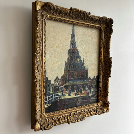 Handcrafted Harbor Scene Oil Painting "City Church" Elegant Small Artwork Holland Art Shop