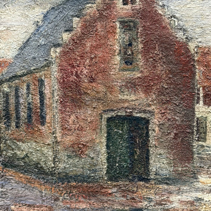 1916 Antique Cityscape Oil Painting "Red Brick Church" Artwork Holland Art Shop