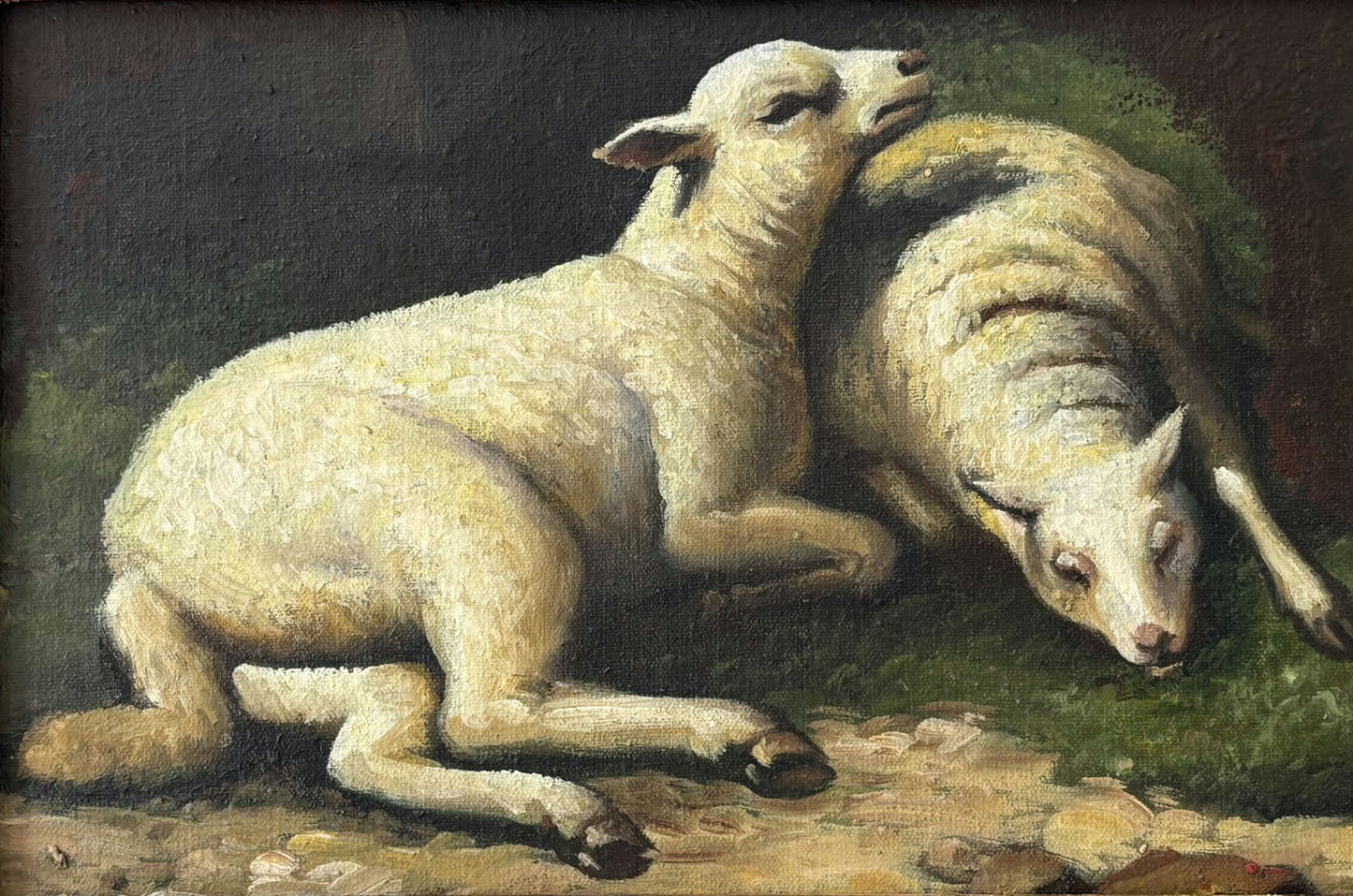 Marvelous Oil Painting Animals "Resting Lambs" Vintage French Artwork
