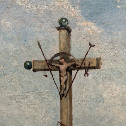 1894 Antique Landscape Oil Painting "Village Cross" Large Art Holland Art Shop