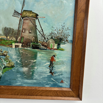 Fine Oil Painting Winter Landscape "Windmill Reflection" Handcrafted Large Art