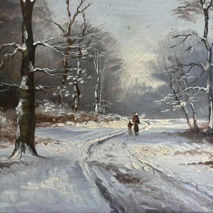 19th Century Antique Winter Landscape Oil Painting "Snow Path" Small Art Holland Art Shop