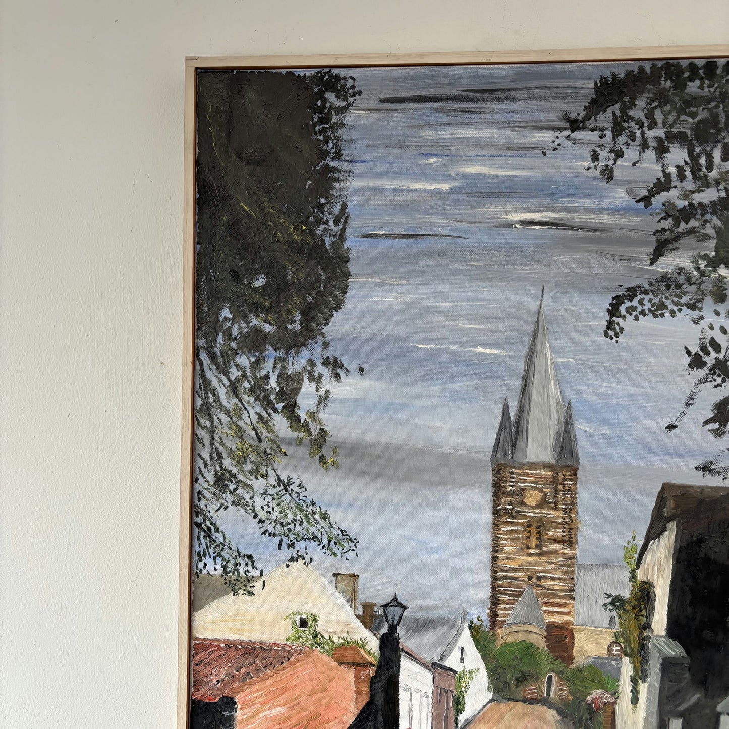 Figurative Oil Painting Cityscape "Church Tower" Vintage Medium Art