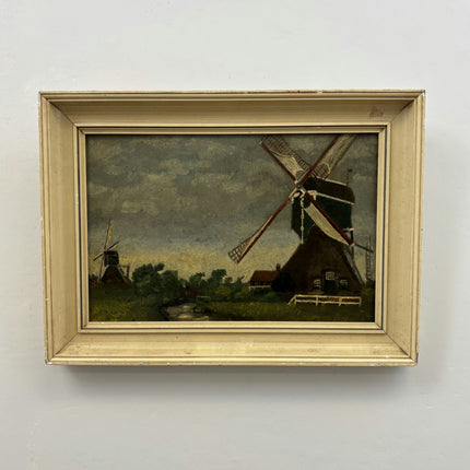 Elegant Landscape Oil Painting "Dutch Windmill" Rustic Small Artwork Holland Art Shop