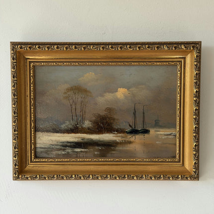 Rustic Winter Landscape Oil Painting "Sailing Boat" Timeless Small Art Holland Art Shop
