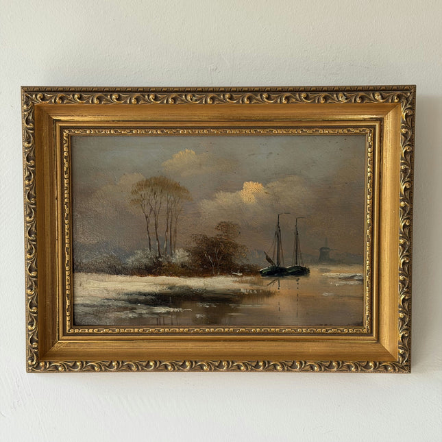 Rustic Winter Landscape Oil Painting "Sailing Boat" Timeless Small Art Holland Art Shop