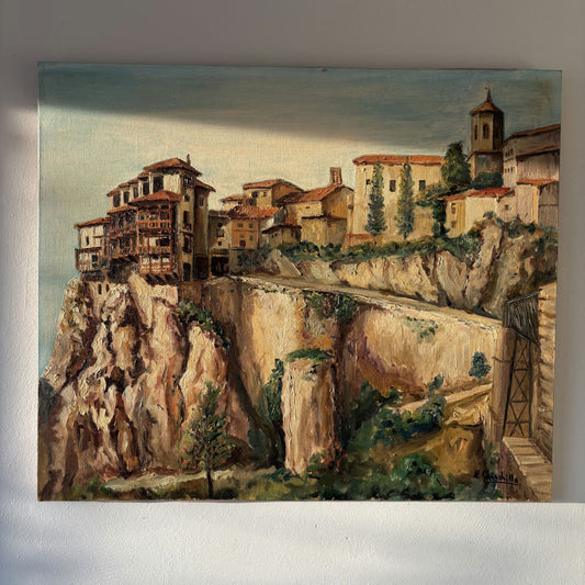 Vintage Landscape Oil Painting "Hanging Houses" Marvelous Medium Artwork
