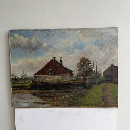 Handcrafted Landscape Oil Painting "Red Roof" Traditional Small Art Holland Art Shop