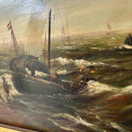 19th Century Antique Harbor Scene Oil Painting "Gilded Frame" Artwork Holland Art Shop