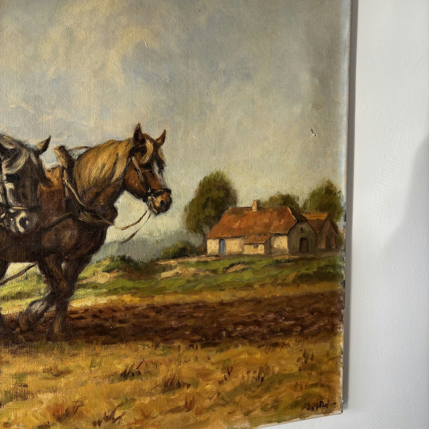 Antique Animals Oil Painting "Plowing Horses" Remarkable Large Artwork