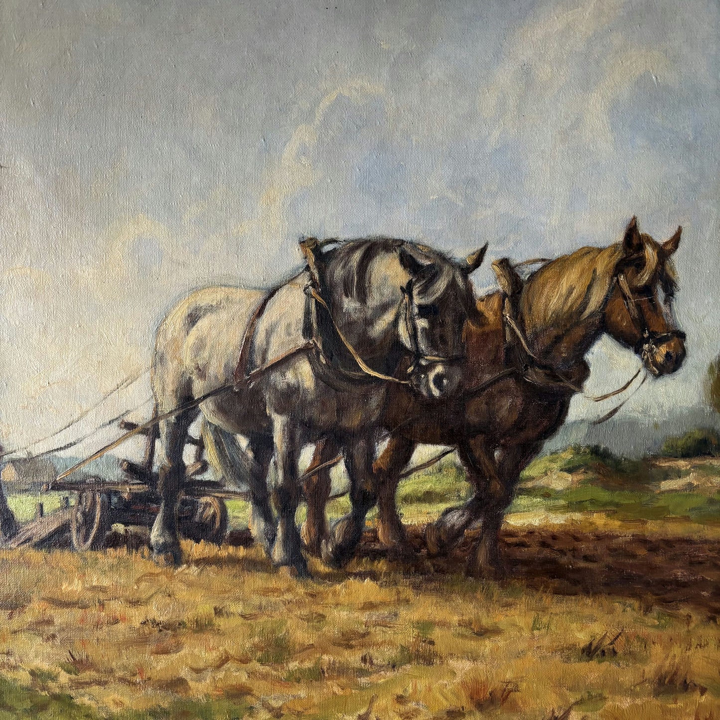 Antique Animals Oil Painting "Plowing Horses" Remarkable Large Artwork