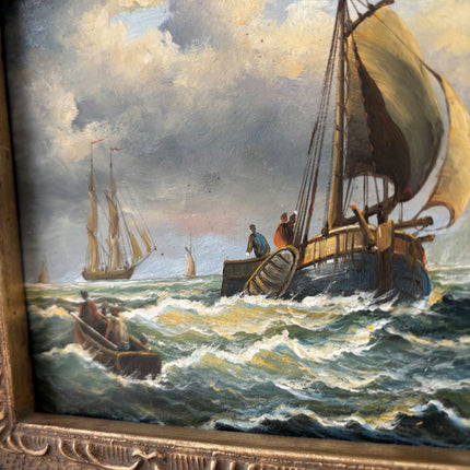 19th Century Antique Seascape Oil Painting "Sailing Boat" Small Artwork Holland Art Shop