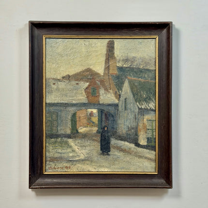 1918 Antique Winter Landscape Oil Painting "Walking Figure" Large Artwork Holland Art Shop