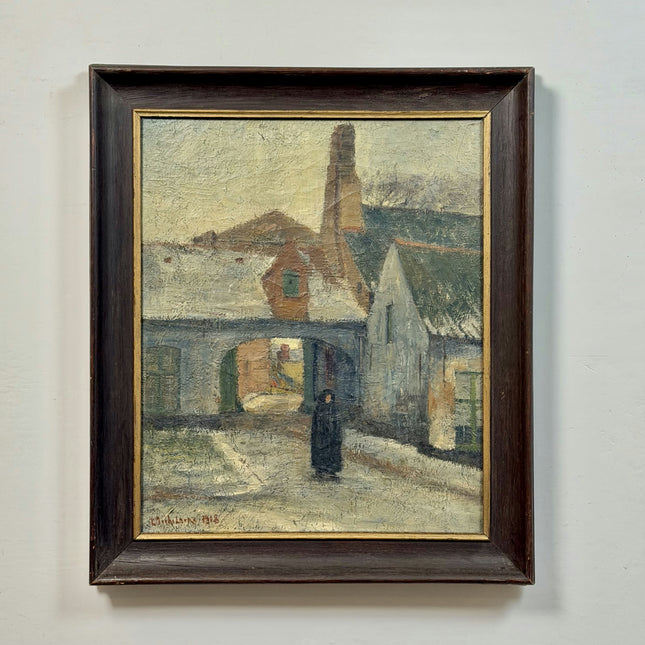 1918 Antique Winter Landscape Oil Painting "Walking Figure" Large Artwork Holland Art Shop