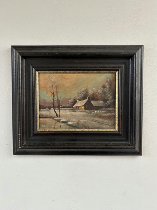 Vintage Oil Painting Winter Landscape "Rustic Cottage" Expressive Small Art