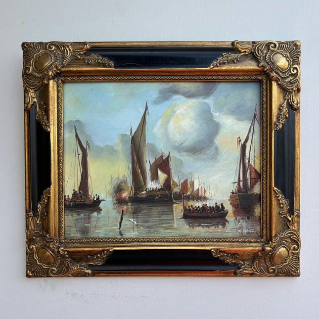 Elegant Harbor Scene Oil Painting "Sailing Ships" Classic Small Artwork Holland Art Shop