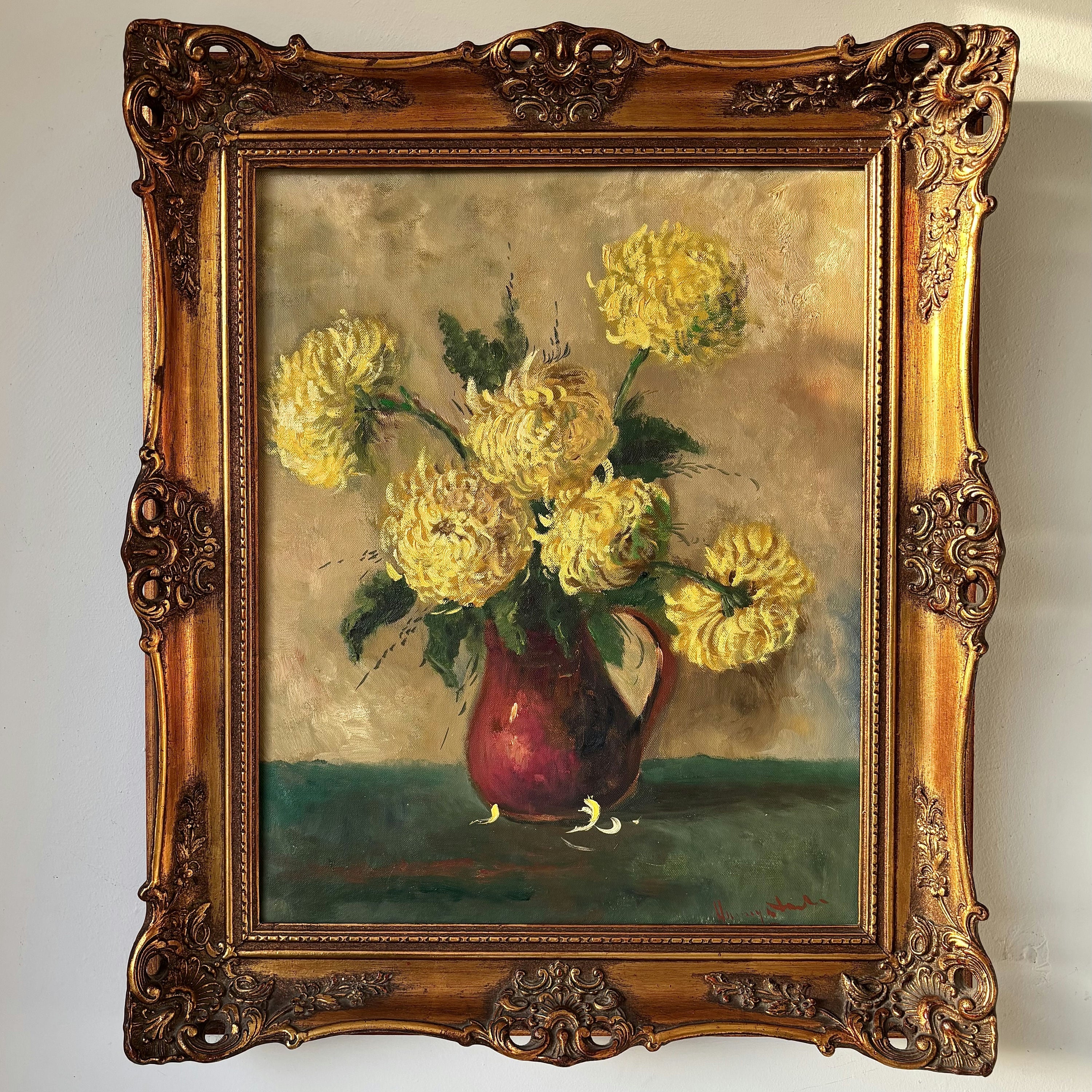 19th Century Elegant Yellow Chrysanthemums Red Pitcher Oil Painting Antique