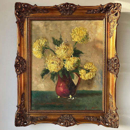 19th Century Elegant Yellow Chrysanthemums Red Pitcher Oil Painting Antique