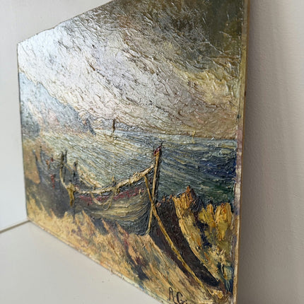 Traditional Harbor Scene Oil Painting "Beached Boats" Rustic Artwork Holland Art Shop