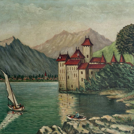 Vintage Landscape Oil Painting "Lakeside Castle" Traditional Art Holland Art Shop