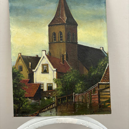 Original Cityscape Oil Painting "Church Tower" Detailed Small Artwork Holland Art Shop