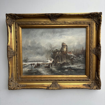 Vintage Winter Landscape Oil Painting "Gilded Frame" Elegant Dutch Artwork Holland Art Shop