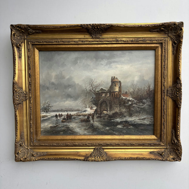 Vintage Winter Landscape Oil Painting "Gilded Frame" Elegant Dutch Artwork Holland Art Shop