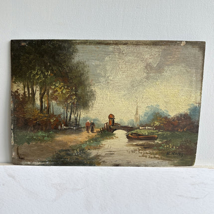 19th Century Antique Landscape Oil Painting "Rowboat Bay" Small Artwork Holland Art Shop