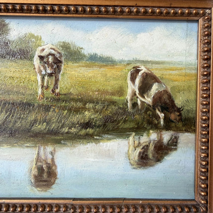 Remarkable Oil Painting Animals "Grazing Cows" Handcrafted Small Art Holland Art Shop