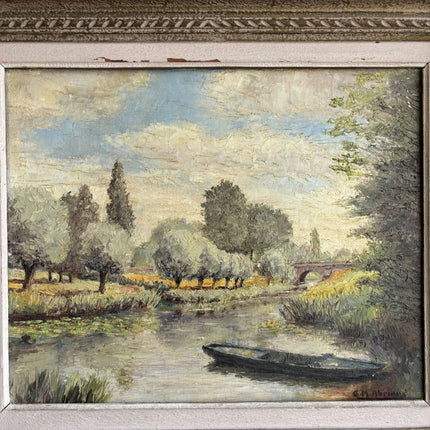 Detailed Landscape Oil Painting "River Boat" Vintage Art Holland Art Shop