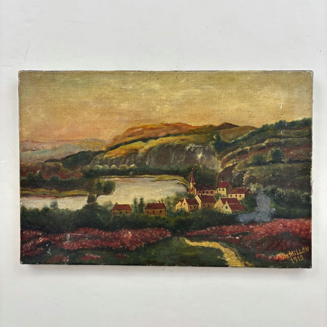 1915 Antique Landscape Oil Painting "Riverside Village" Small Art Holland Art Shop