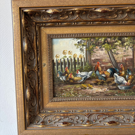 Antique Oil Painting Animals "Flock Of Chickens" Intriguing Small Art Holland Art Shop