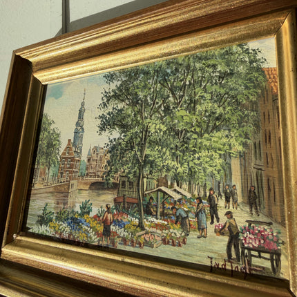 Fine Oil Painting Scenery "Flower Market" Refined Small Artwork Holland Art Shop