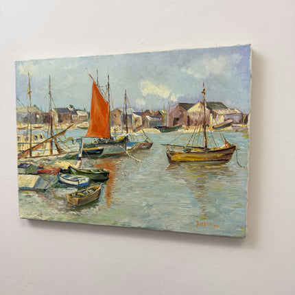 Original Harbor Scene Oil Painting "Orange Signature" Traditional Art Holland Art Shop