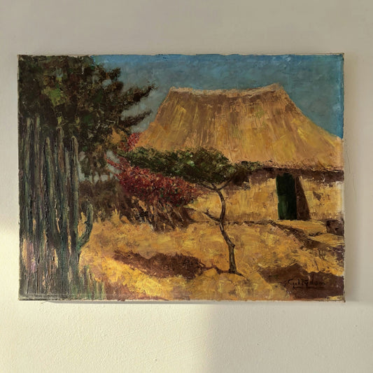 Remarkable Landscape Oil Painting "Thatched Roof" Authentic Medium Art